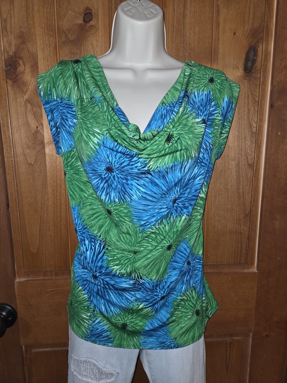 Premise Green & Blue Floral Cowl Neck‎ Sleeveless Top